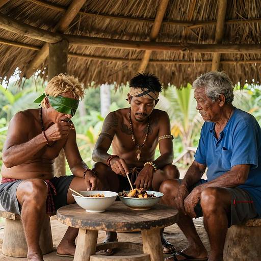 Men Dining in a Jungle Hut Scene