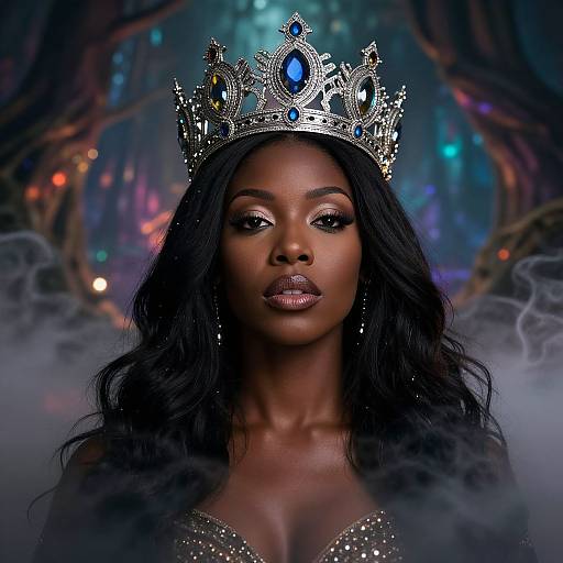 Digital artwork of a dark-skinned woman with long black hair, wearing an ornate silver crown with blue gems, in a mystical forest with colorful lights