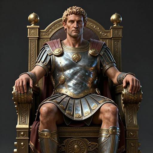 Photorealistic CGI of a muscular, blond-haired man in shiny Roman armor, seated on a grand, gold throne against a dark background.