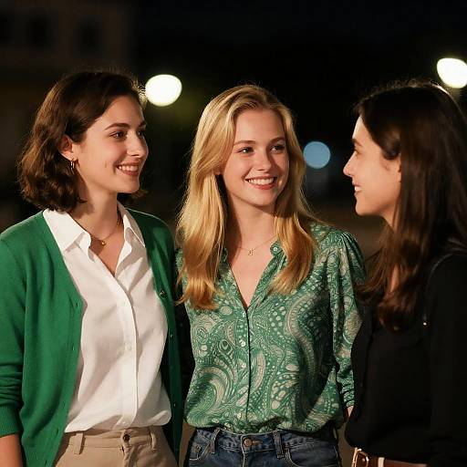 Three Women Smiling Outdoors at Night