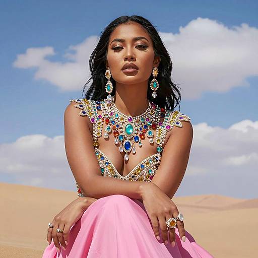 Asian Woman in Crystal-Embellished Outfit in Desert