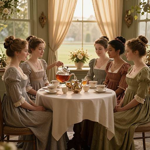 Five Victorian-era women in elegant dresses sit around a table, sipping tea, in a sunlit, flower-decorated room. (Photograph