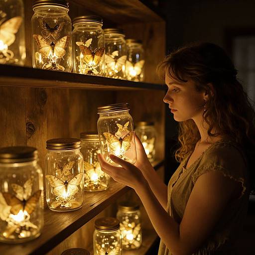 Photograph of a woman with curly brown hair, wearing a green shirt, gently holding a glass jar with glowing butterflies inside, surrounded by more illuminated jars