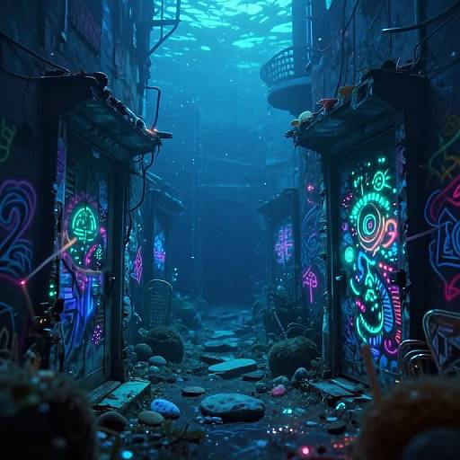 Glowing neon graffiti illuminates a dark, underwater alleyway with rocky path, surrounded by abandoned buildings and blue-lit water above. Cyberpunk