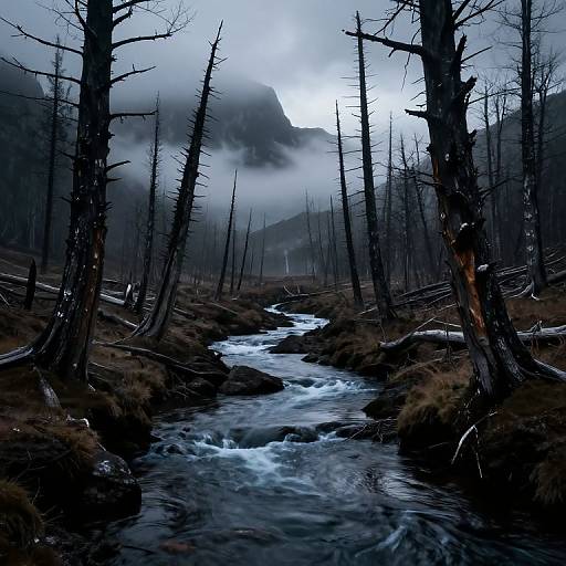 Misty, dark forest with barren, charred trees and a flowing, white-capped creek leading to a fog-covered mountain in the background. Photograph