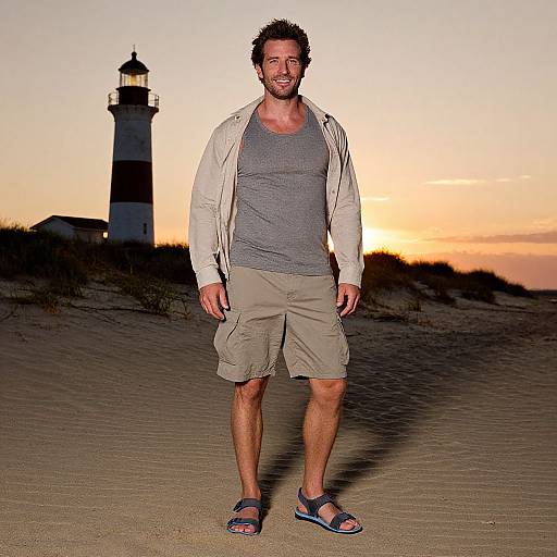 Photograph of a bearded man in a gray shirt, beige shorts, and sandals standing on a sandy beach at sunset, with a lighthouse in