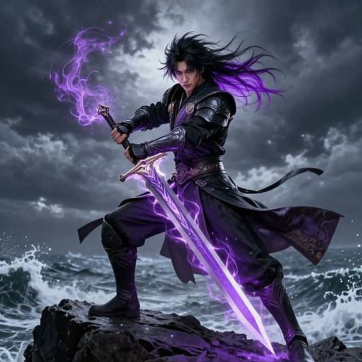 Digital fantasy artwork of a fierce warrior with black hair, purple glowing sword, and magic, standing on rocky ocean shore under stormy sky.