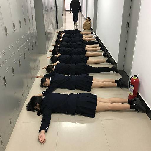 Schoolgirls Lying in Narrow Hallway