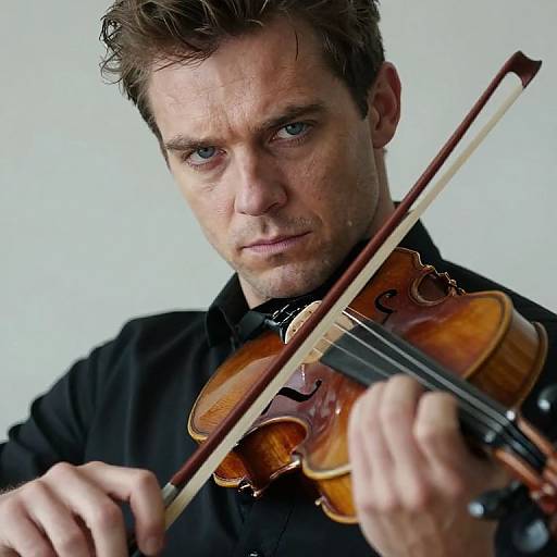 Photograph of a focused, blue-eyed Caucasian man with short brown hair playing a wooden violin, wearing a black shirt, against a plain white background.