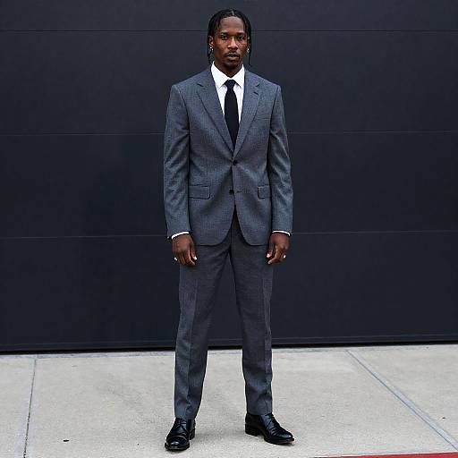 Photograph of a tall Black man in a dark gray suit, white shirt, black tie, and black shoes, standing against a black-paneled background