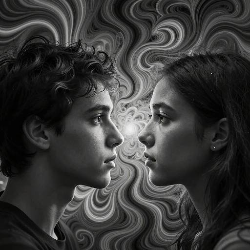 Surreal Black and White Portrait of Young Man and Woman Facing Each Other
