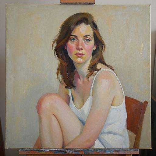 Realistic oil painting of a young woman with fair skin, brown hair, wearing a white tank top, sitting with knees up, neutral background.
