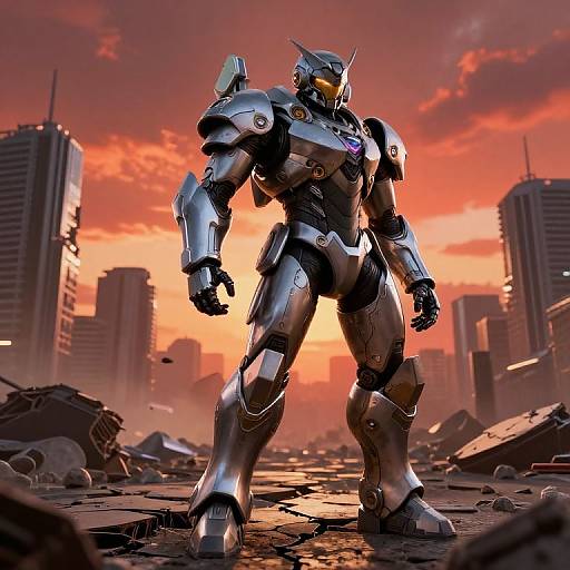 CGI image of a futuristic, silver robotic warrior standing in a ruined, sunset-lit cityscape with broken buildings and debris.