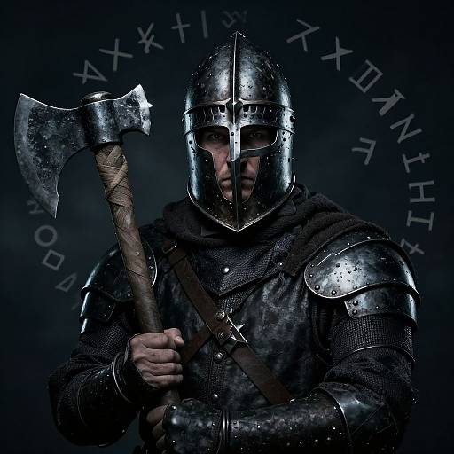 Photograph of a medieval Viking warrior in shiny silver armor, holding a double-headed axe, with Norse runes in the dark background.