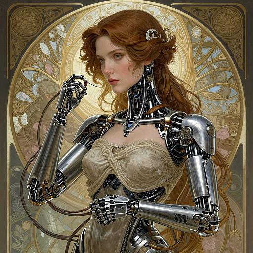 Digital artwork of a red-haired, fair-skinned woman with cybernetic limbs, wearing a lace corset, against an ornate, golden,
