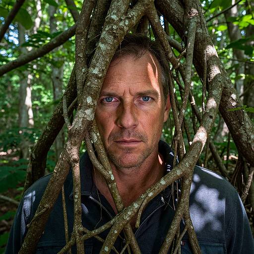 Photograph of a middle-aged man with blue eyes, light stubble, and short brown hair, framed by intertwined tree branches in a sunlit forest