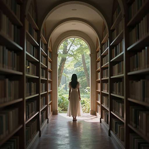 Photograph of a woman in a white dress standing in a sunlit library aisle, archway leading to a green garden outside.