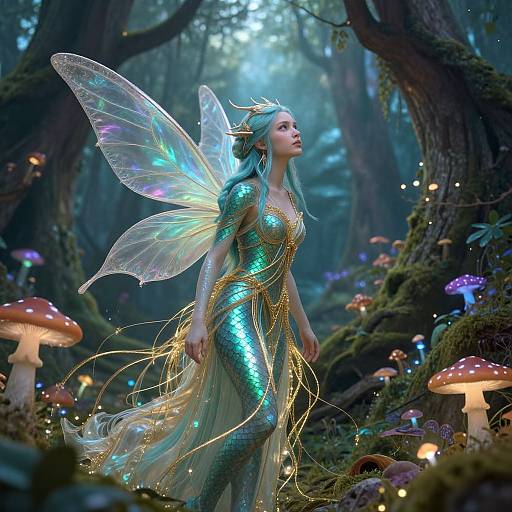 Digital fantasy artwork of a blue-haired fairy with iridescent wings, wearing a shimmering green dress, surrounded by glowing mushrooms in a mystical forest.