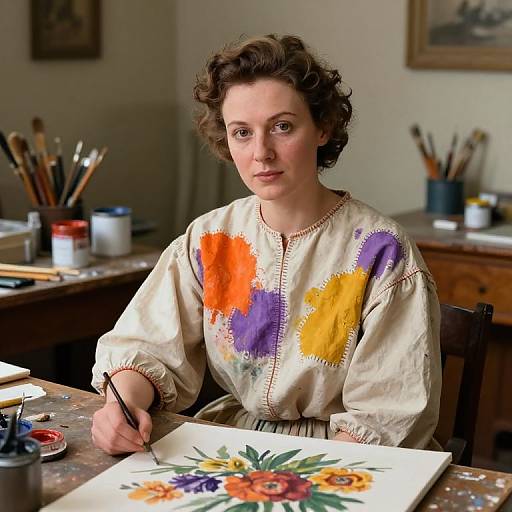Photograph of a curly-haired woman with fair skin, wearing a cream blouse with colorful paint splatters, painting a floral design at a cluttered art