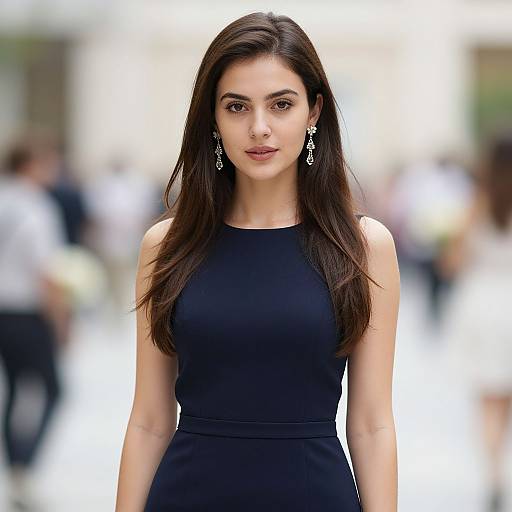 Photograph of a young woman with long, dark brown hair, wearing a sleeveless black dress and silver drop earrings, standing in a blurred, sun