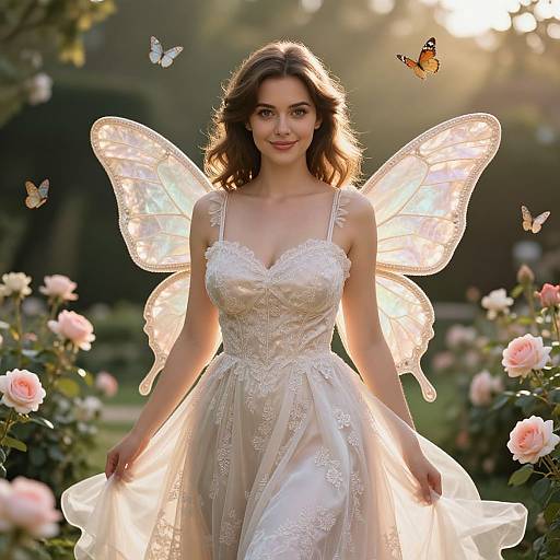 Elegant Woman in Butterfly Dress Garden