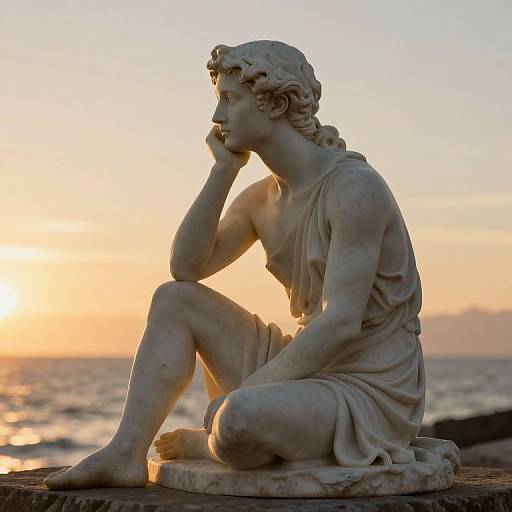 Photograph of a classical white marble statue of a contemplative, muscular male figure with curly hair, sitting by a sunset ocean.