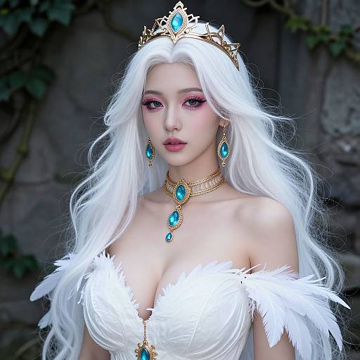 Digital art of a white-haired, fair-skinned, fantasy princess with large breasts, wearing a gold tiara, turquoise jewelry, white feathered dress