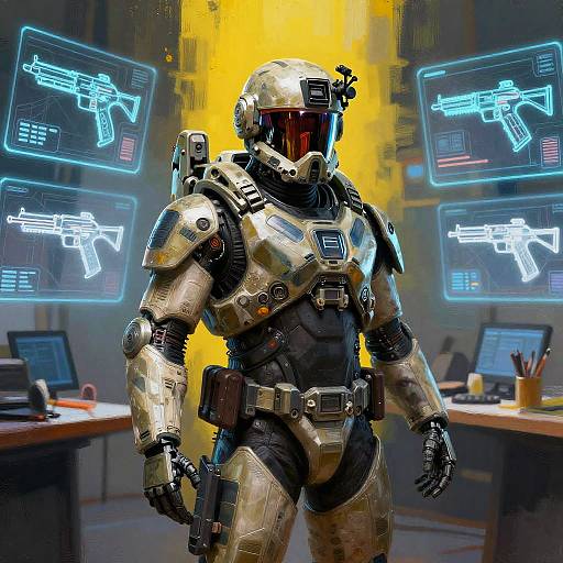 Digital artwork of a futuristic, armored soldier with a silver helmet and red visor, standing in a high-tech room with glowing holographic gun displays and