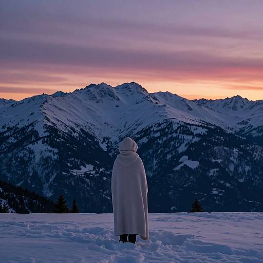 Photograph of a person in a white hooded cloak standing on snowy mountain peak, facing mountains at sunset, with purple and pink sky.