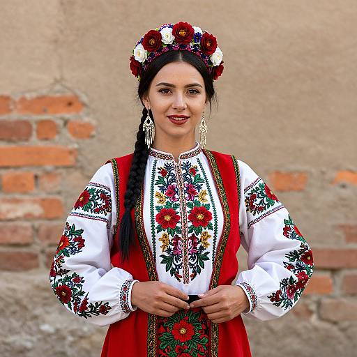 Photograph of a smiling woman with dark hair in a braid, wearing a floral headpiece, red embroidered blouse, and red vest, standing against