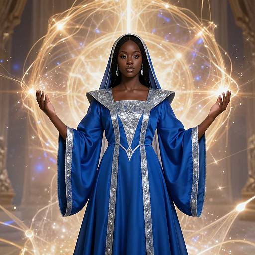 Photograph of a dark-skinned woman in a royal blue, silver-trimmed gown, holding glowing light circles with outstretched hands, in