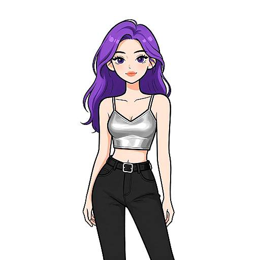 Stylish Woman with Purple Hair in Metallic Crop Top