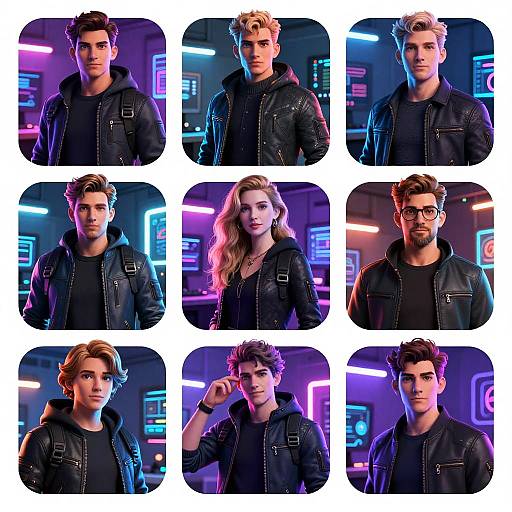 Photographic collage of nine young adults, six men and one woman, in black leather jackets, neon-lit urban background. Various expressions, one with