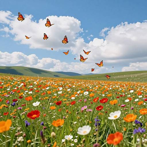 Photograph of vibrant wildflower field with orange, red, and white flowers, green grass, blue sky, and fluffy white clouds, with orange butterflies