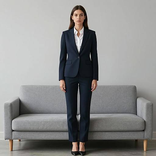 Confident Woman in Dark Blue Pant Suit