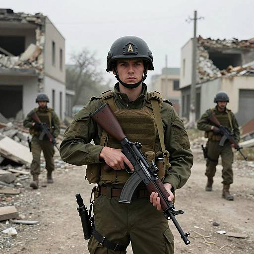 Photograph of three soldiers in green camouflage and black helmets, holding rifles, standing in a war-torn, rubble-filled urban street.
