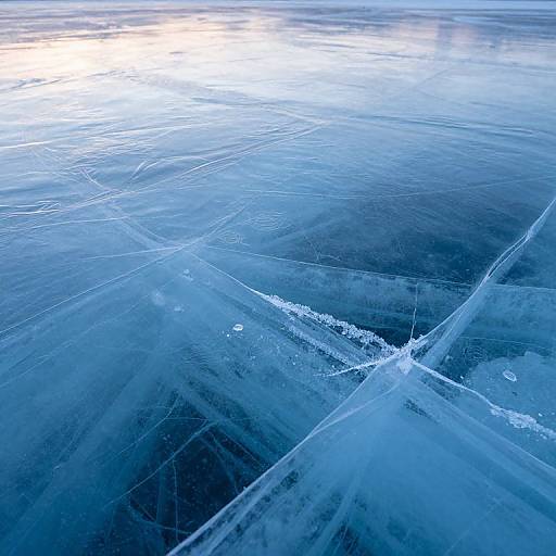 Photograph of a frozen, icy surface with intricate blue and white crack patterns, reflecting a bright, distant white light source.