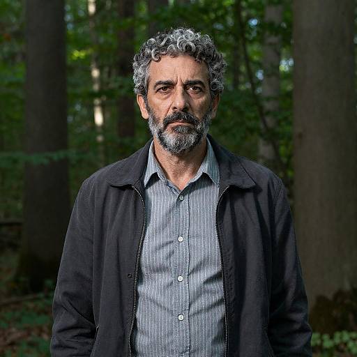 Serious Man in Sunlit Green Forest