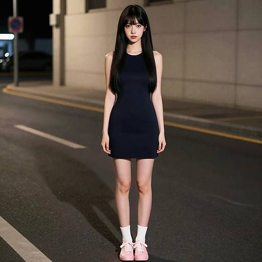 Young Woman in Black Dress Standing on Street at Night