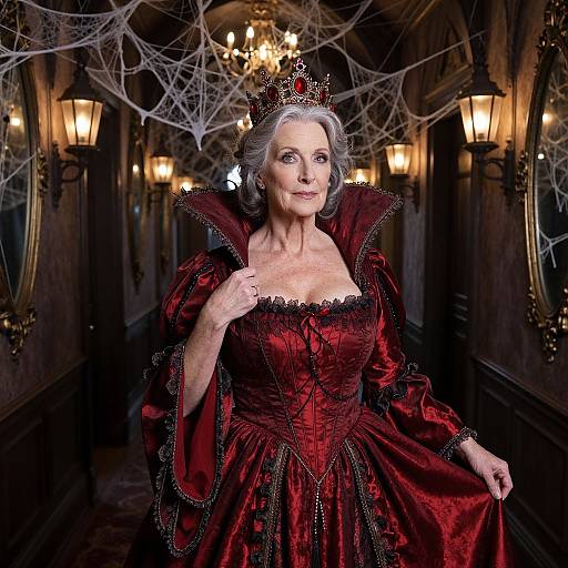 Photograph of an elderly white woman in a regal, red, corseted gown with black lace trim, spider web decor, and a crown