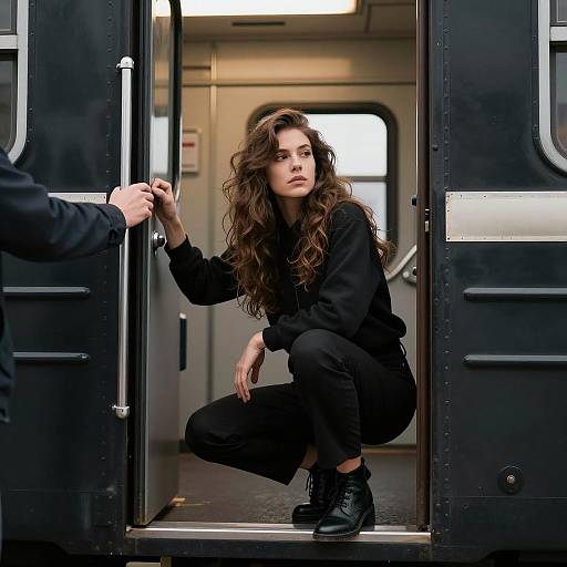 Woman crouching by train door