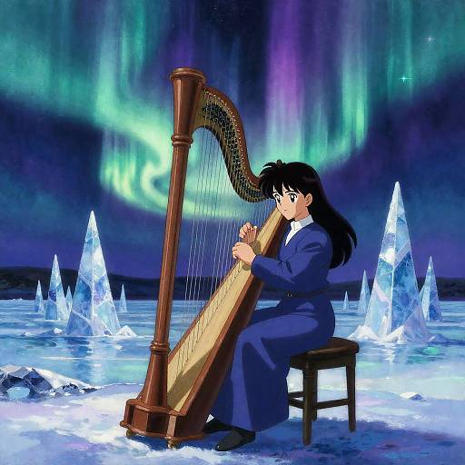 Auroral Celestial Harpist on Ice Spires