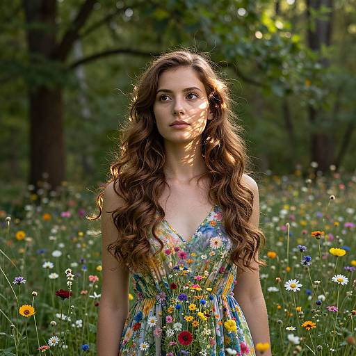 Photograph of a young woman with long, wavy brown hair, wearing a colorful floral dress, standing in a sunlit forest meadow filled with