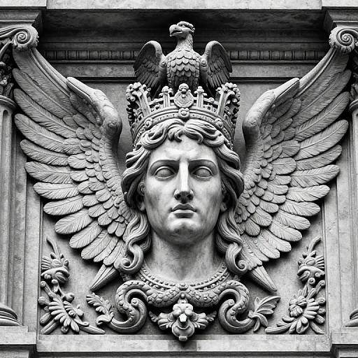 Black-and-white photograph of a detailed stone relief depicting a crowned, winged female face with intricate feather and floral carvings.
