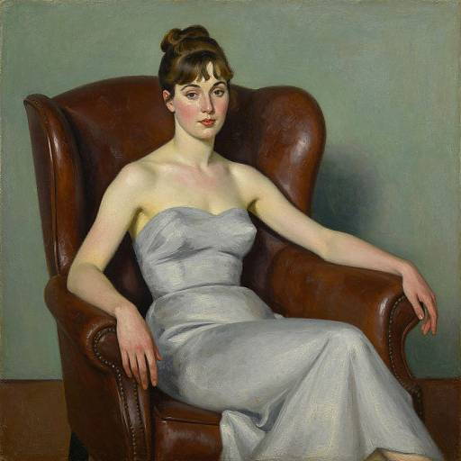 Painting of a pale-skinned woman with dark hair in a bun, wearing a strapless, light gray dress, seated in a brown leather arm