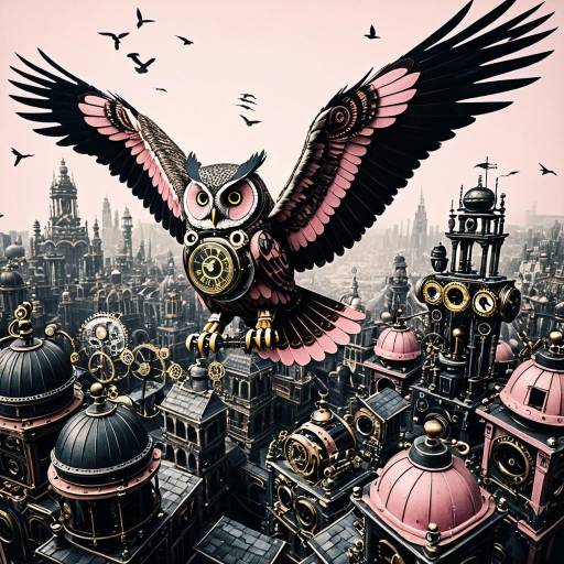 Mechanical Owl Flying Over Steampunk City