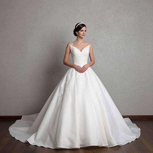 Photograph of a slender, fair-skinned woman with dark hair, wearing a white, strapless, lace-embellished wedding gown with a