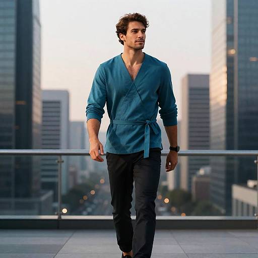Confident Businessman in Teal Wrap Top