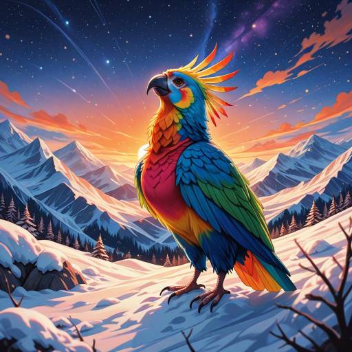 Vibrant Parrot Against Snowy Sunset Vibrant Parrot Against Snowy Sunset