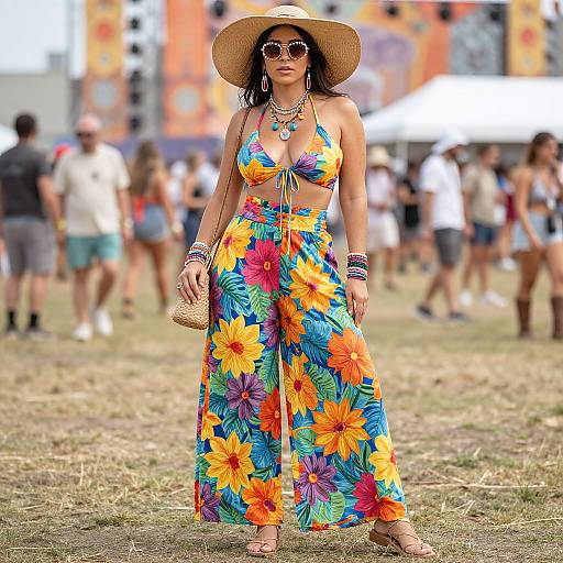 Photograph of a woman in a vibrant sunflower-patterned bikini and high-waisted pants, wearing a straw hat and sunglasses, standing in a